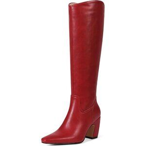 Women's Knee High Red Boots Square Toe Chunky Heel Wide Calf Tall Zipper Boots